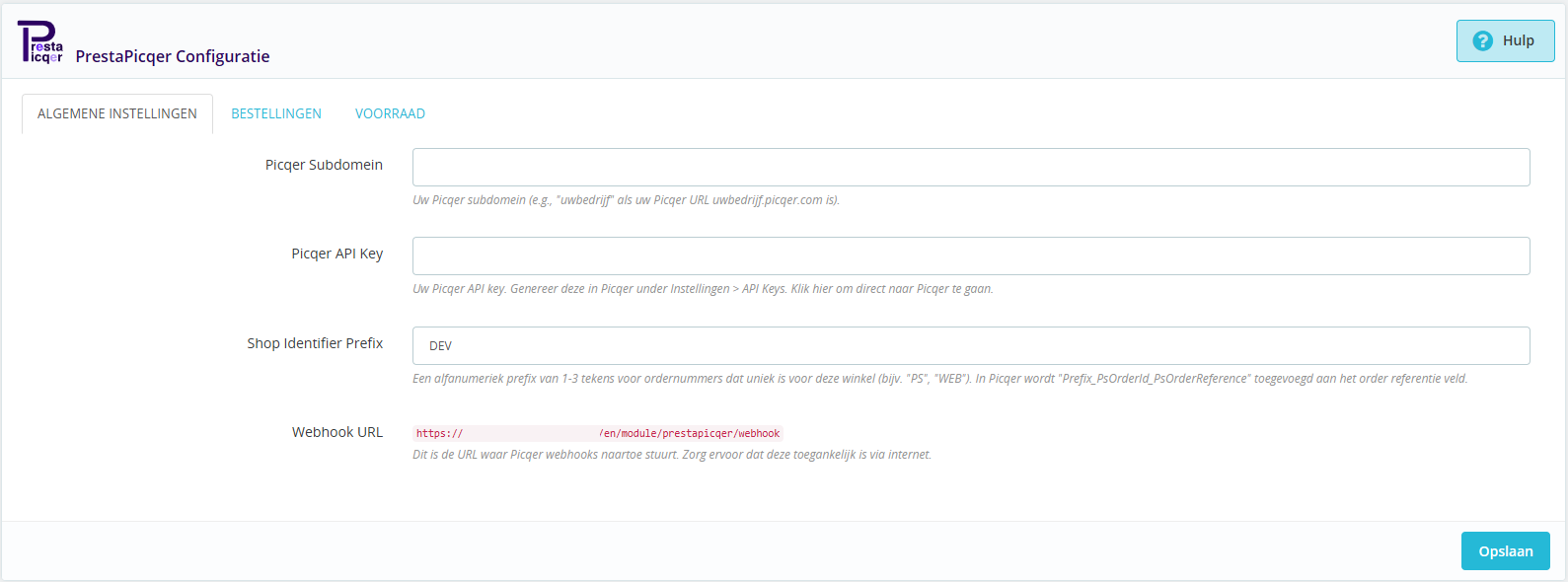 PrestaPicqer Algemene Instellingen Screenshot