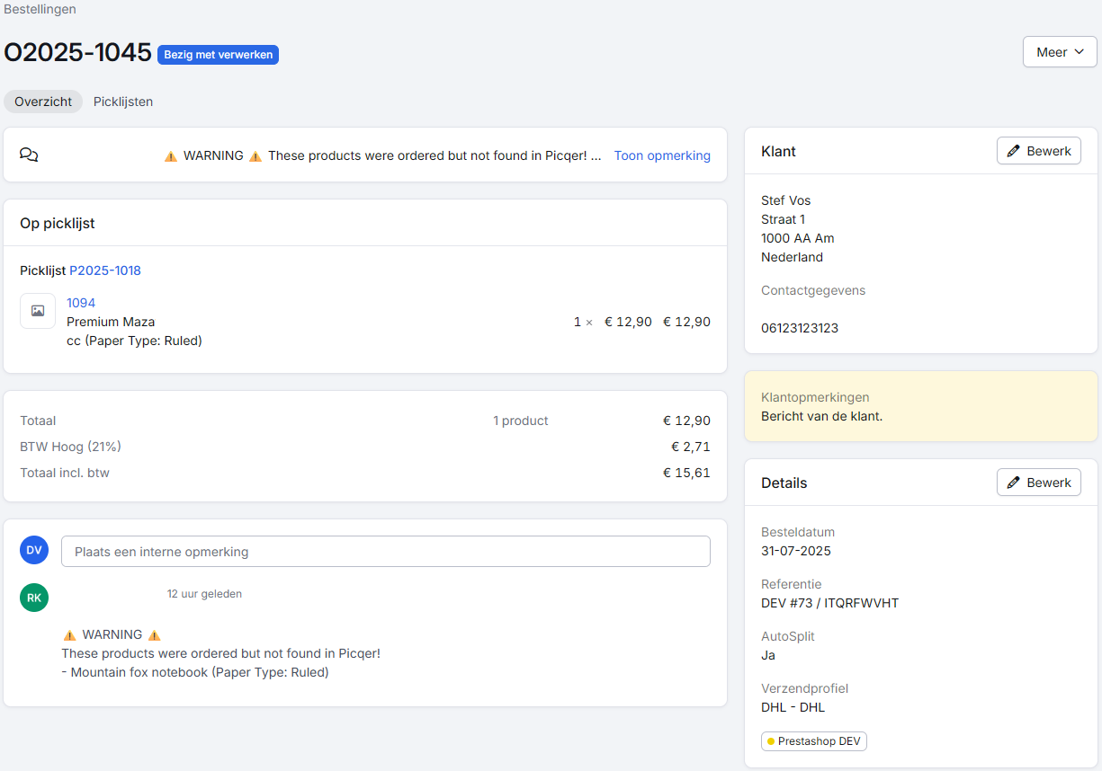 Picqer bestelling Screenshot